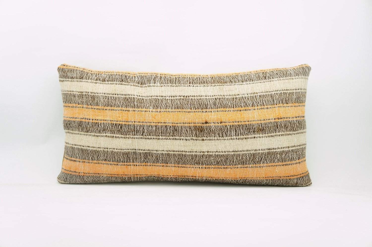 12x24 Vintage Hand Woven Kilim Pillow Lumbar Bohemian pillow case, Modern home decor orange white brown striped 963