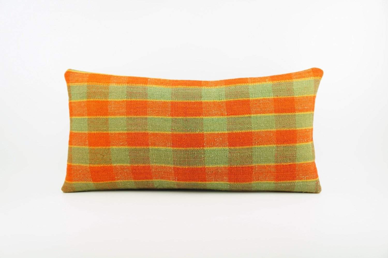 12x24 Vintage Hand Woven Kilim Pillow Lumbar pastel, checkered, plaid, orange green 1859