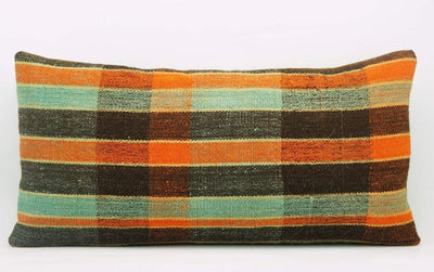 12x24 Vintage Hand Woven Kilim Pillow Lumbar Bohemian pillow case, Modern home decor  orange green brown  striped 968 - kilimpillowstore
 - 2