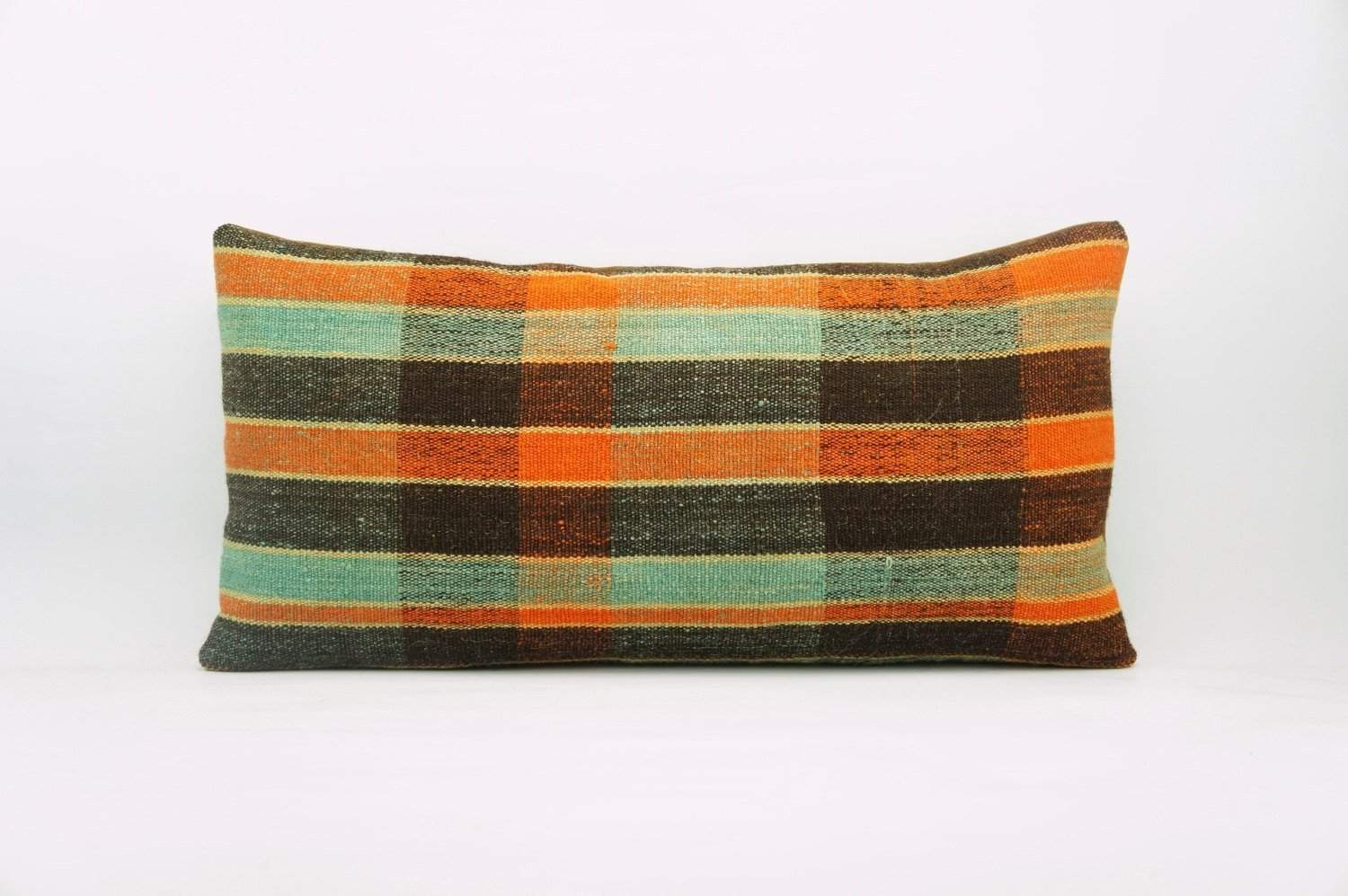 12x24 Vintage Hand Woven Kilim Pillow Lumbar Bohemian pillow case, Modern home decor  orange green brown  striped 968 - kilimpillowstore
 - 1