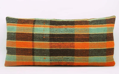 12x24 Vintage Hand Woven Kilim Pillow Lumbar Bohemian pillow case, Modern home decor  orange green brown  striped 971 - kilimpillowstore
 - 2