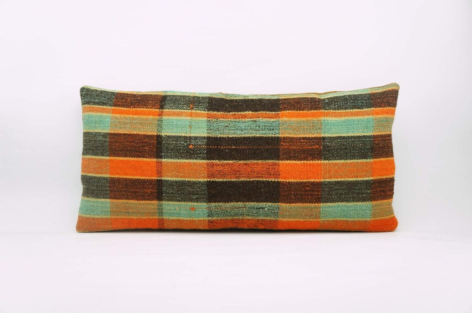 12x24 Vintage Hand Woven Kilim Pillow Lumbar Bohemian pillow case, Modern home decor  orange green brown  striped 971 - kilimpillowstore
 - 1