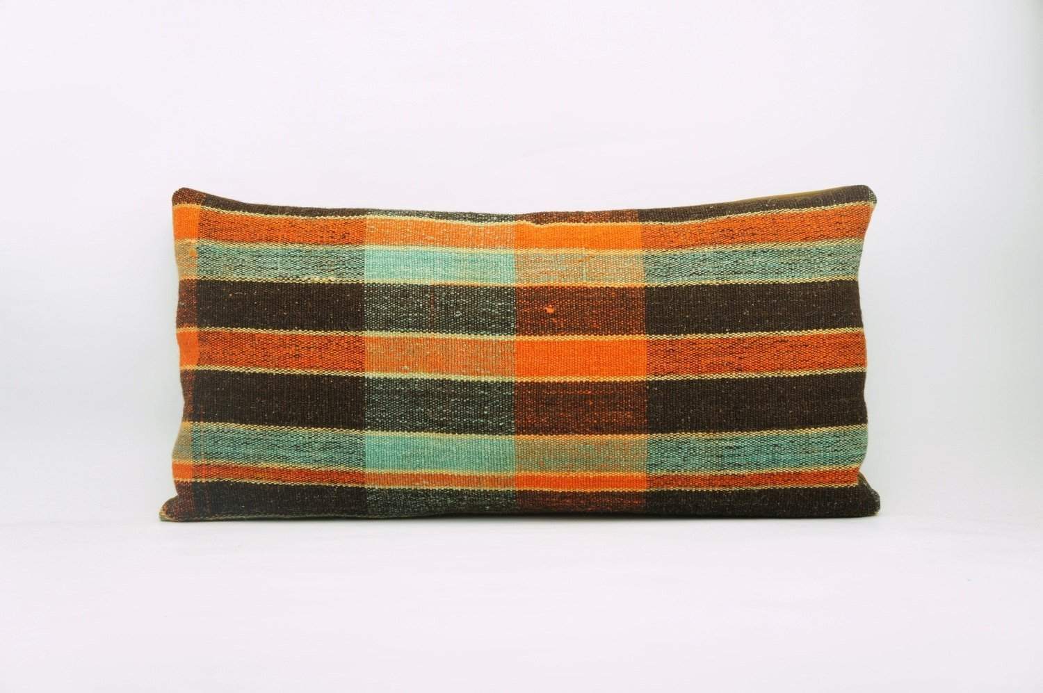 12x24 Vintage Hand Woven Kilim Pillow Lumbar Bohemian pillow case, Modern home decor  orange green brown  striped 972 - kilimpillowstore
 - 1