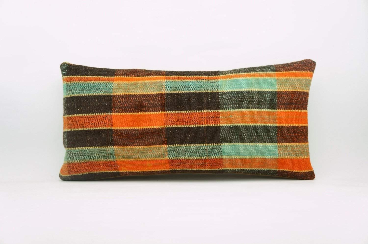 12x24 Vintage Hand Woven Kilim Pillow Lumbar Bohemian pillow case, Modern home decor  orange green brown  striped 973 - kilimpillowstore
 - 1
