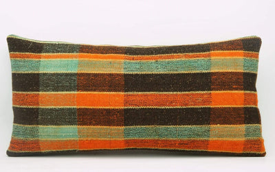 12x24 Vintage Hand Woven Kilim Pillow Lumbar Bohemian pillow case, Modern home decor  orange green brown  striped 974 - kilimpillowstore
 - 2