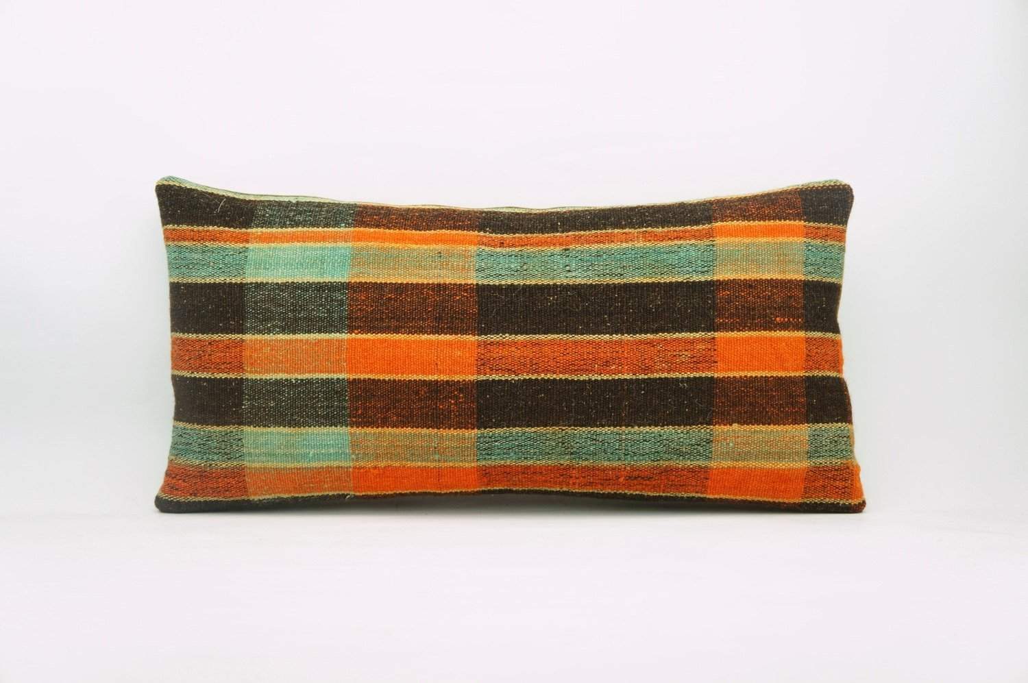 12x24 Vintage Hand Woven Kilim Pillow Lumbar Bohemian pillow case, Modern home decor  orange green brown  striped 974 - kilimpillowstore
 - 1