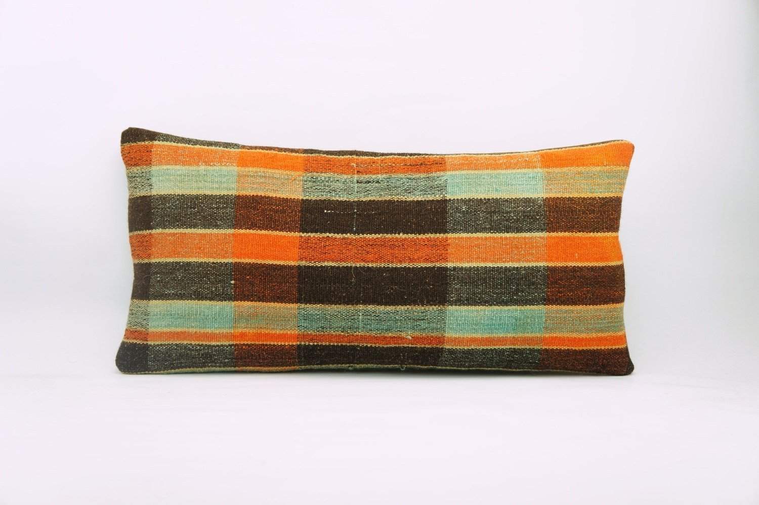 12x24 Vintage Hand Woven Kilim Pillow Lumbar Bohemian pillow case, Modern home decor  orange green brown  striped 975 - kilimpillowstore
 - 1