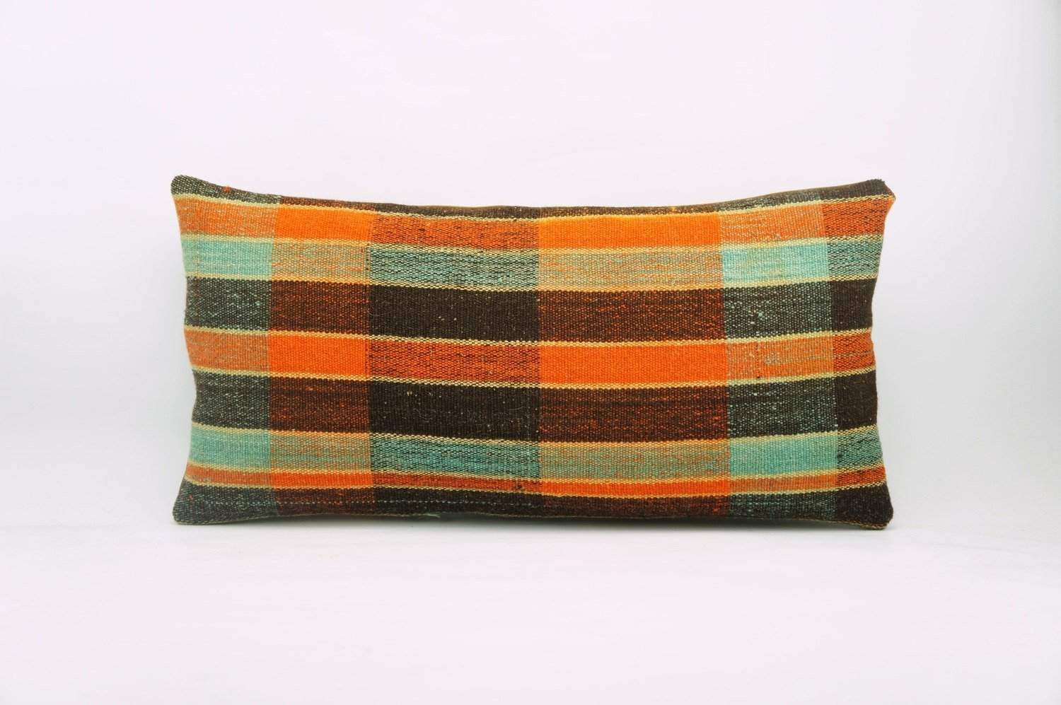 12x24 Vintage Hand Woven Kilim Pillow Lumbar Bohemian pillow case, Modern home decor  orange green brown  striped 977 - kilimpillowstore
 - 1