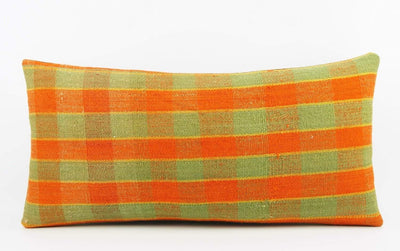 12x24 Vintage Hand Woven Kilim Pillow Lumbar  pastel, checkered, plaid, orange green 1856 - kilimpillowstore
 - 2