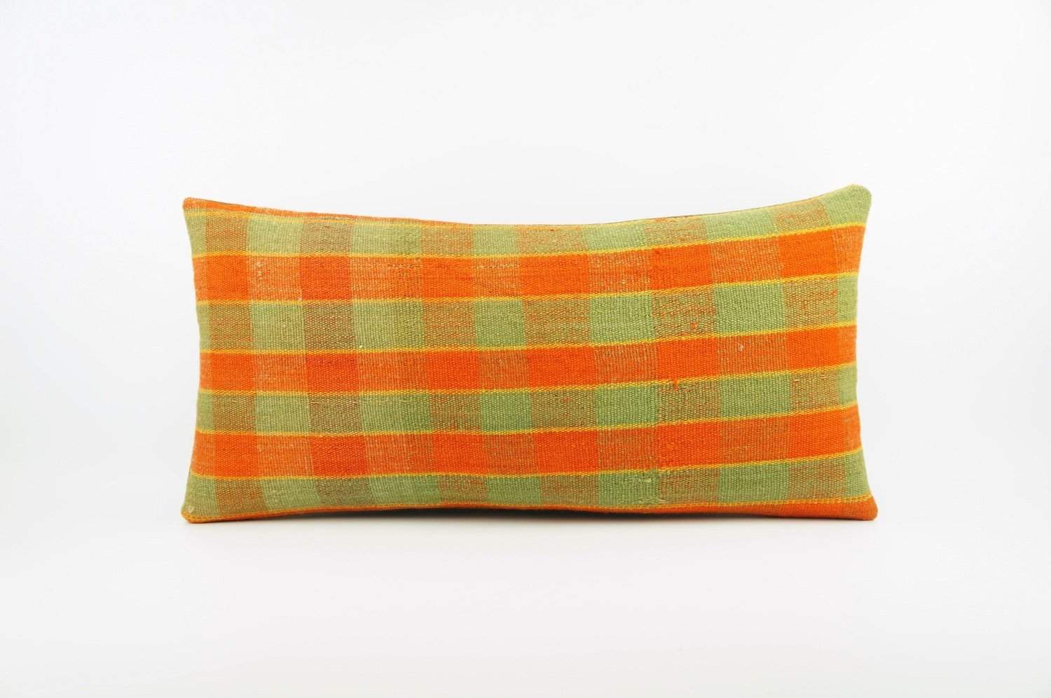 12x24 Vintage Hand Woven Kilim Pillow Lumbar pastel, checkered, plaid, orange green 1856