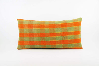 12x24 Vintage Hand Woven Kilim Pillow Lumbar  pastel, checkered, plaid, orange green 1856 - kilimpillowstore
 - 1