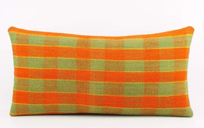 12x24 Vintage Hand Woven Kilim Pillow Lumbar  pastel, checkered, plaid, orange green 1857 - kilimpillowstore
 - 2