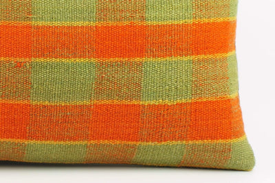 12x24 Vintage Hand Woven Kilim Pillow Lumbar  pastel, checkered, plaid, orange green 1857 - kilimpillowstore
 - 4