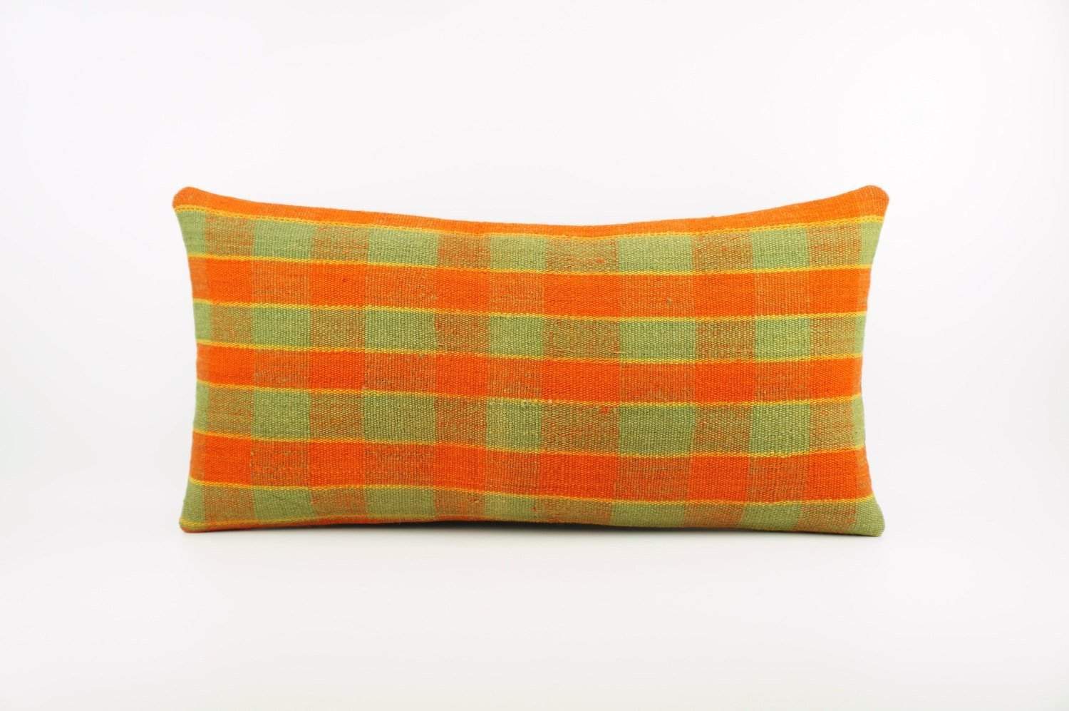 12x24 Vintage Hand Woven Kilim Pillow Lumbar pastel, checkered, plaid, orange green 1857