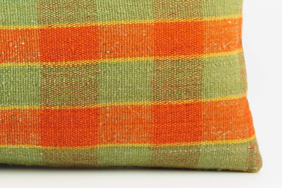 12x24 Vintage Hand Woven Kilim Pillow Lumbar  pastel, checkered, plaid, orange green 1859 - kilimpillowstore
 - 4