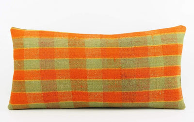 12x24 Vintage Hand Woven Kilim Pillow Lumbar  pastel, checkered, plaid, orange green 1860 - kilimpillowstore
 - 2
