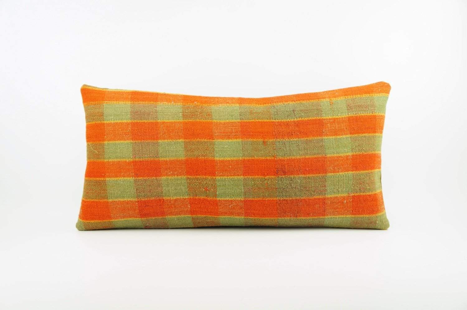 12x24 Vintage Hand Woven Kilim Pillow Lumbar pastel, checkered, plaid, orange green 1860