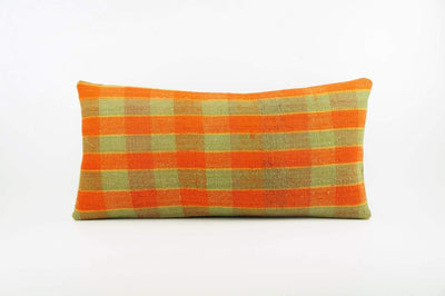 12x24 Vintage Hand Woven Kilim Pillow Lumbar  pastel, checkered, plaid, orange green 1860 - kilimpillowstore
 - 1