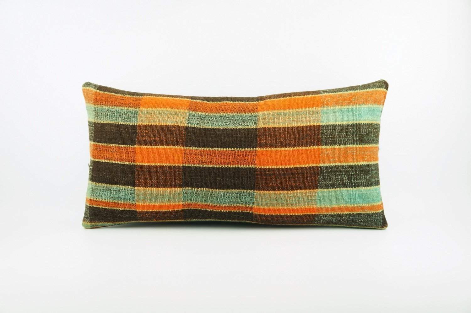 12x24 Vintage Hand Woven Kilim Pillow Lumbar pastel, checkered, plaid,blue, orange,black 1838