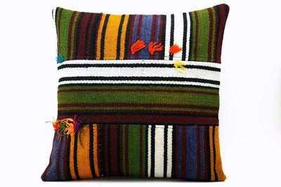 16x16 Vintage Hand Woven Turkish Kilim Pillow  - Old  Kilim Cushion 312,navy blue,green,black,amber,claret red,white , tassel,striped - kilimpillowstore
 - 1