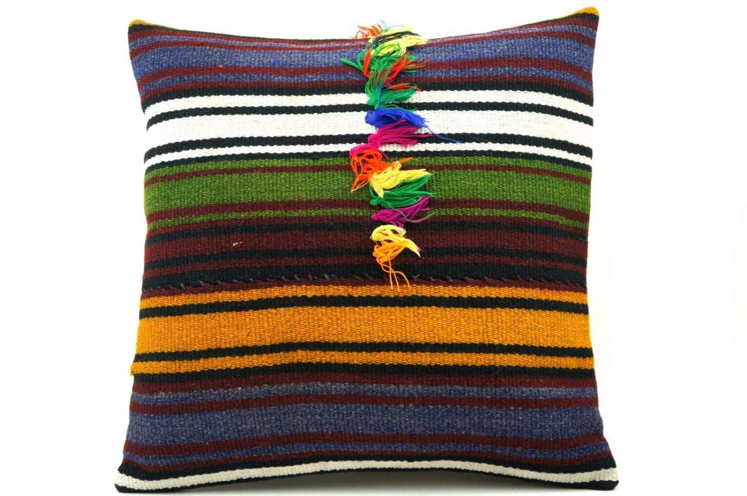 16x16 Vintage Hand Woven Turkish Kilim Pillow  - Old  Kilim Cushion 317,navy blue,green,black,amber,claret red,white , tassel,striped - kilimpillowstore
 - 1