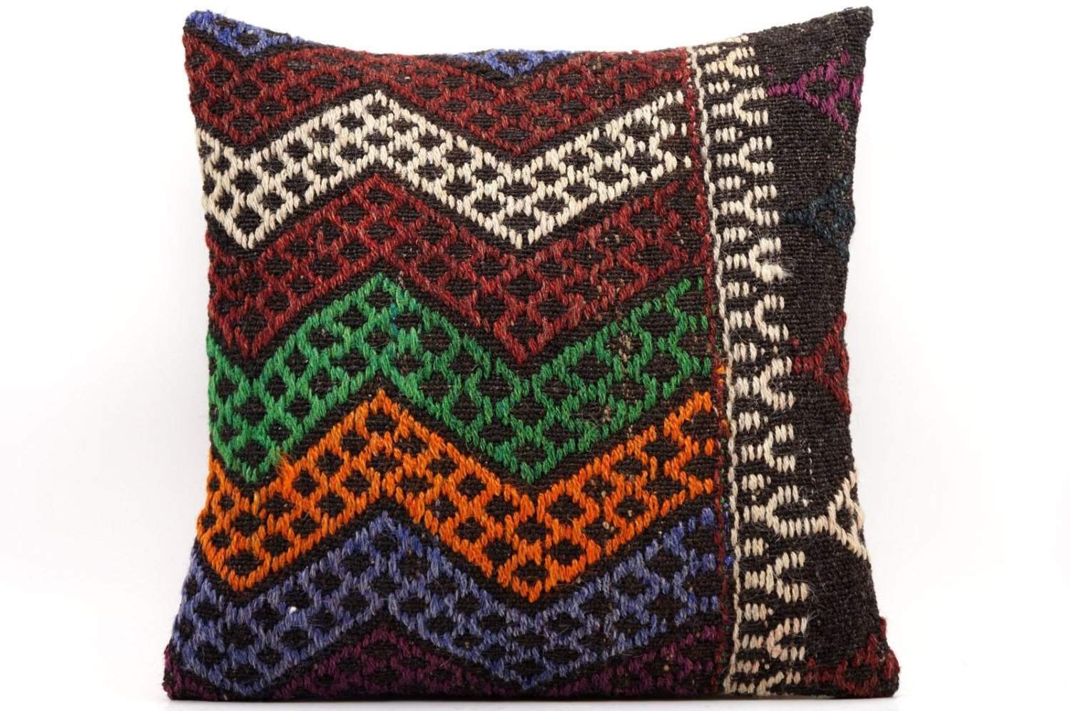 CLEARANCE 16x16 Vintage Hand Woven Kilim Pillow  482,green,blue,black,orange,claret red,chevron - kilimpillowstore
 - 1