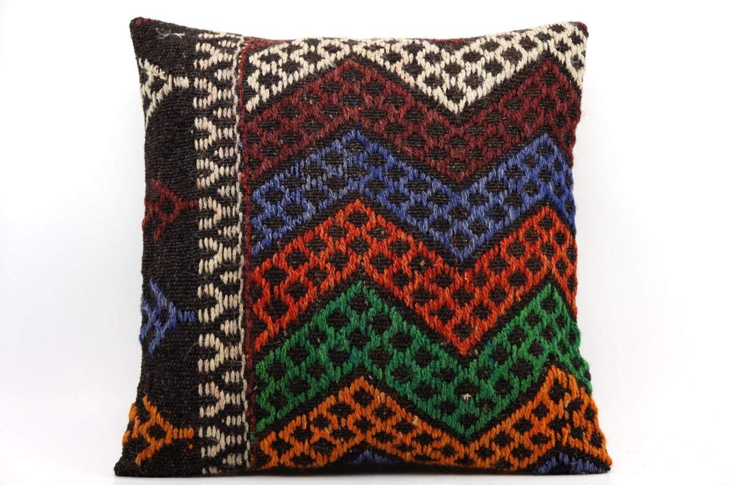 16x16 Vintage Hand Woven Kilim Pillow 494,white,orange,green,blue,black,red,claret red,chevron