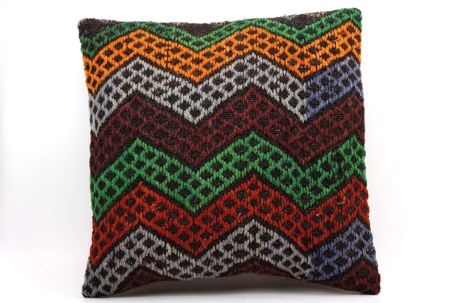 16x16 Vintage Hand Woven Kilim Pillow 496,orange,green,blue,black,red,claret red,chevron