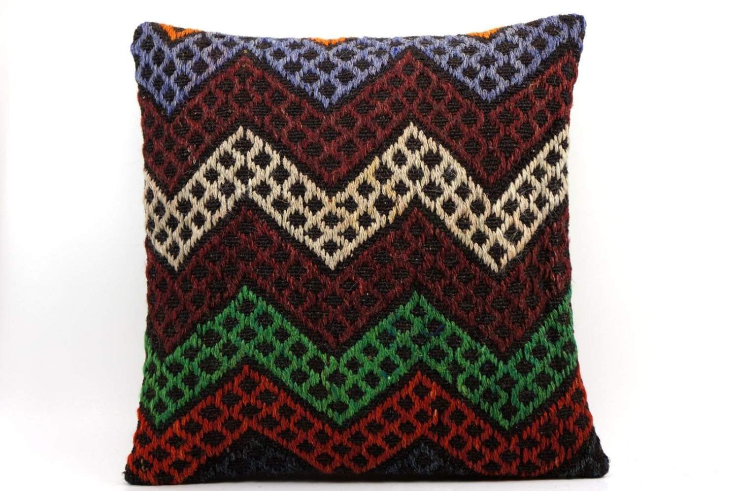 16x16 Vintage Hand Woven Kilim Pillow 498,white,green,blue,black,red,claret red,chevron