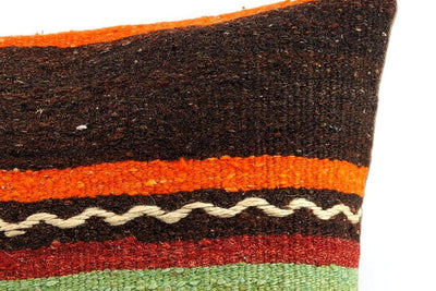 CLEARANCE 16x16 Vintage Hand Woven Kilim Pillow 527  ,orange, brown, red, black, green, terracota, chain, striped - kilimpillowstore
 - 4